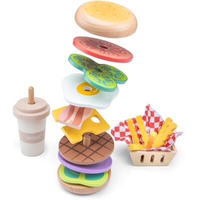 Woet Wooden Fast Food Play Set for Toddlers Age 24 Months+ – Stackable Burger, Fries & Milkshake – 18-Piece FSC Pretend Cooking Toy – Role Play Kitchen Accessories Playset Gift for Kids Woet Wooden Fast Food Play Set for Toddlers Age 24 Months+ – Stackable Burger, Fries & Milkshake – 18-Piece FSC Pretend Cooking Toy – Role Play Kitchen Accessories Playset Gift for Kids
