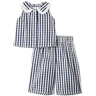 Amazon Essentials x Sofia Grainge Baby Girls' Cotton Sateen Sleeveless Top and Trousers Play Set, Navy Gingham, 24 Months Amazon Essentials x Sofia Grainge Baby Girls' Cotton Sateen Sleeveless Top and Trousers Play Set, Navy Gingham, 24 Months