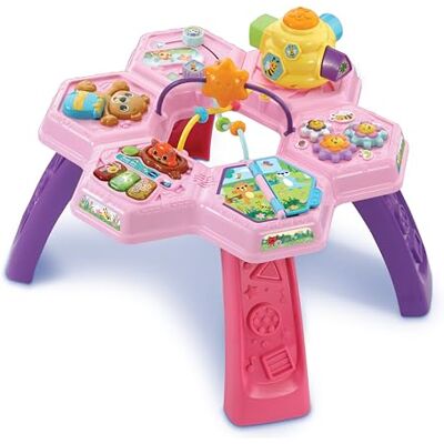 VTech Baby Busy Bee Activity Table, English 2-in-1 table with 6 play zones, piano keys, storybook, animal maze, gears and beehive shape sorter. Ages 6-36 months VTech Baby Busy Bee Activity Table, English 2-in-1 table with 6 play zones, piano keys, storybook, animal maze, gears and beehive shape sorter. Ages 6-36 months