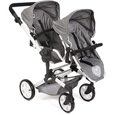 Bayer Chic 2000 Linus Duo Doll's Pram, Twin Doll's Pram for Children from 4 to 8 Years, Jeans Grey, 690-76 Bayer Chic 2000 Linus Duo Doll's Pram, Twin Doll's Pram for Children from 4 to 8 Years, Jeans Grey, 690-76