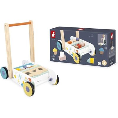 Janod Wooden Baby and Child Walking Trolley From 12 months 18 Wooden Pieces Included + Shape Sorting Box Silent Wheels + Brake System From 1 year Janod Wooden Baby and Child Walking Trolley From 12 months 18 Wooden Pieces Included + Shape Sorting Box Silent Wheels + Brake System From 1 year