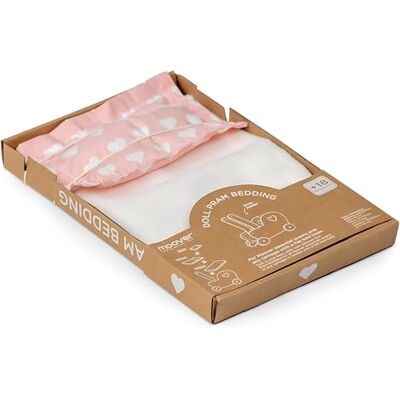 Moover Essential Doll's Pram Bedding Set, Pretend Play/Role Play, Includes Bedding, Pillow and Mattress, 3-Piece Set, 18 Months+, Baby Pink Hearts Moover Essential Doll's Pram Bedding Set, Pretend Play/Role Play, Includes Bedding, Pillow and Mattress, 3-Piece Set, 18 Months+, Baby Pink Hearts