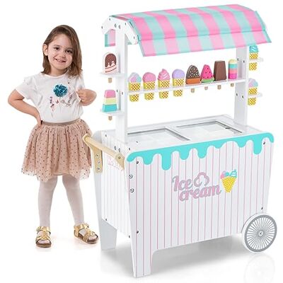 GYMAX Kids Ice Cream Cart, Play Dessert and Food Toy Shop with Display Rack, Sliding Frozen Compartment, Storage Shelf, Wheels & Canopy, Wooden Pretend Shop Playset for Boys and Girls 3+ GYMAX Kids Ice Cream Cart, Play Dessert and Food Toy Shop with Display Rack, Sliding Frozen Compartment, Storage Shelf, Wheels & Canopy, Wooden Pretend Shop Playset for Boys and Girls 3+