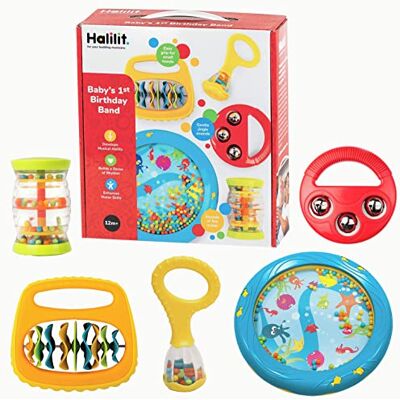 Halilit Baby's First Birthday Band Musical Instrument Gift Set. Includes Ocean Drum, Baby Maraca, Ring My Bell, Rainboshaker & Clip Clap. Music Sensory Baby Toy. Suitable for Boys & Girls 12 Months + Halilit Baby's First Birthday Band Musical Instrument Gift Set. Includes Ocean Drum, Baby Maraca, Ring My Bell, Rainboshaker & Clip Clap. Music Sensory Baby Toy. Suitable for Boys & Girls 12 Months +