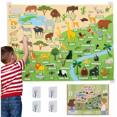 BONNYCO Fuzzy Felt Board with 116 Jungle Animals Figures, Montessori Toys Sensory Board for Kids 3 to 8 Year Olds, Ideas for Birthday Gifts. Games and Educational Resources for Children, Christmas BONNYCO Fuzzy Felt Board with 116 Jungle Animals Figures, Montessori Toys Sensory Board for Kids 3 to 8 Year Olds, Ideas for Birthday Gifts. Games and Educational Resources for Children, Christmas