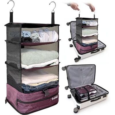 Grand Fusion Housewares Stow-N-Go Luggage and Travel Organizer, Travel Essentials, Hanging Packing Cubes With Hanging Shelves And Laundry Storage Compartment, Burgundy Grand Fusion Housewares Stow-N-Go Luggage and Travel Organizer, Travel Essentials, Hanging Packing Cubes With Hanging Shelves And Laundry Storage Compartment, Burgundy