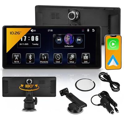 Technaxx Wireless CarPlay & Android Auto Display 10.26 Inch with Dashcam – Portable Car Radio Screen with Full HD Camera, Bluetooth 5.0, AUX & FM Transmission, Touchscreen, Windscreen Mount – TX-367 Technaxx Wireless CarPlay & Android Auto Display 10.26 Inch with Dashcam – Portable Car Radio Screen with Full HD Camera, Bluetooth 5.0, AUX & FM Transmission, Touchscreen, Windscreen Mount – TX-367