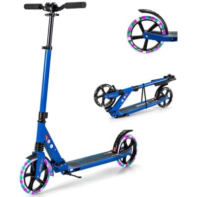 GYMAX Foldable Kick Scooter, Height Adjustable City Scooter with Light Up Wheels, Shock-Absorbing System, Non-Slip Deck & Rear Brake, Lightweight Scooters for Kids Adults and Teens (Blue) GYMAX Foldable Kick Scooter, Height Adjustable City Scooter with Light Up Wheels, Shock-Absorbing System, Non-Slip Deck & Rear Brake, Lightweight Scooters for Kids Adults and Teens (Blue)