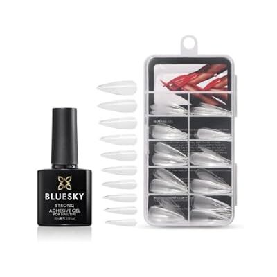BLUESKY Soft Gel Tips Kit with Strong Adhesive Stiletto. Stiletto Nail Tips and Gel Nail Glue for False Nails. 100 x Full cover False Nails with Glue (Requires curing under UV/LED lamp) BLUESKY Soft Gel Tips Kit with Strong Adhesive Stiletto. Stiletto Nail Tips and Gel Nail Glue for False Nails. 100 x Full cover False Nails with Glue (Requires curing under UV/LED lamp)