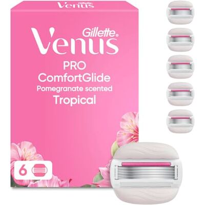 Gillette Pro ComfortGlide Tropical Razor Blade Refills for Women, 6 Count Pomegranate Scented SkinCushion Lubrication, Olay Moisture Bars, Sensitive Skin Protection Gillette Pro ComfortGlide Tropical Razor Blade Refills for Women, 6 Count Pomegranate Scented SkinCushion Lubrication, Olay Moisture Bars, Sensitive Skin Protection