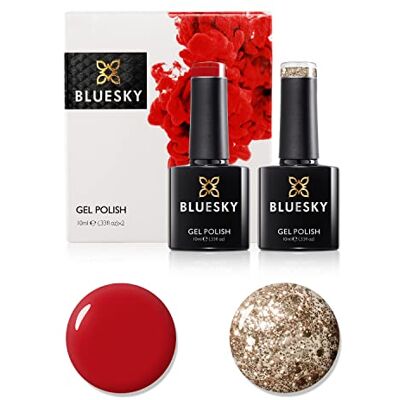 BLUESKY Gel Nail Polish Set, 9th Anniversary Set 6, 2 x 10ml, DC02 Gold Button, 63916 Siren Red, Glitter (Requires Curing Under UV LED Lamp) BLUESKY Gel Nail Polish Set, 9th Anniversary Set 6, 2 x 10ml, DC02 Gold Button, 63916 Siren Red, Glitter (Requires Curing Under UV LED Lamp)
