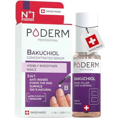 PODERM 5 in 1 Nail Booster Serum Bakuchiol Nourishes and Strengthens the Surface of Ridged Nails 6 ML Smoothing & Hydrating Care 100% Natural Developed by a Podiatrist in Switzerland PODERM 5 in 1 Nail Booster Serum Bakuchiol Nourishes and Strengthens the Surface of Ridged Nails 6 ML Smoothing & Hydrating Care 100% Natural Developed by a Podiatrist in Switzerland