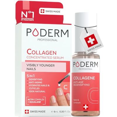 PODERM 5 in 1 Nail Booster Serum Collagen Redensifying & Anti-Age Care for Weakened Nails 6 ml Hydrates & Strengthens the Nail Plate 100% Natural Developed by a Podiatrist in Switzerland PODERM 5 in 1 Nail Booster Serum Collagen Redensifying & Anti-Age Care for Weakened Nails 6 ml Hydrates & Strengthens the Nail Plate 100% Natural Developed by a Podiatrist in Switzerland