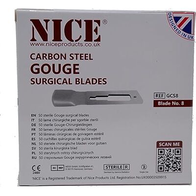 NICE 50 x No.8 Gouge Sterile Carbon Steel Blades GCS8 for Manicure and Pedicure NICE 50 x No.8 Gouge Sterile Carbon Steel Blades GCS8 for Manicure and Pedicure