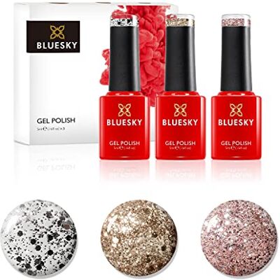 BLUESKY Gel Nail Polish Set, Metallic Confetti, Ice Superstar Dc001, Gold Button Dc002, Razzle Dazzle Lt135, 3 x 5 ml Silver, Glitter (Requires Curing Under UV or LED Lamp) BLUESKY Gel Nail Polish Set, Metallic Confetti, Ice Superstar Dc001, Gold Button Dc002, Razzle Dazzle Lt135, 3 x 5 ml Silver, Glitter (Requires Curing Under UV or LED Lamp)