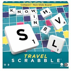 Mattel Scrabble Travel Game, Portable and Compact, 2-4 Players, Includes Playing Board, 4 Racks, 100 Letter Tiles, a Tile Bag, and Rules, UK Version, 10Y+, CJT11 Mattel Scrabble Travel Game, Portable and Compact, 2-4 Players, Includes Playing Board, 4 Racks, 100 Letter Tiles, a Tile Bag, and Rules, UK Version, 10Y+, CJT11