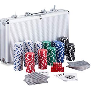 Relaxdays Poker Case, 300 Laser Poker Chips, 2 Card Decks, 5 Dice, Dealer Button, Lockable Aluminium Case, Silver Relaxdays Poker Case, 300 Laser Poker Chips, 2 Card Decks, 5 Dice, Dealer Button, Lockable Aluminium Case, Silver