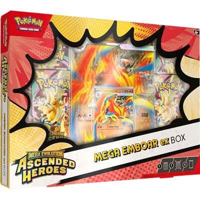 Pokémon TCG, Mega Evolution, Ascended Heroes Emboar ex Box, 1 Foil Promo Card, 1 Oversize Lenticular Card and 4 Booster Packs Pokémon TCG, Mega Evolution, Ascended Heroes Emboar ex Box, 1 Foil Promo Card, 1 Oversize Lenticular Card and 4 Booster Packs