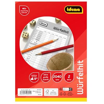 Idena 40391 Dice Hit, 2 Game Blocks with 85 Sheets Each for 1020 Games, Game Pad with Large Lettering, Dice Game in Size Approx. 15 x 21 cm Idena 40391 Dice Hit, 2 Game Blocks with 85 Sheets Each for 1020 Games, Game Pad with Large Lettering, Dice Game in Size Approx. 15 x 21 cm