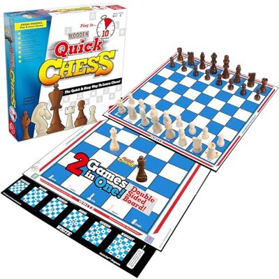 ROO GAMES Quick Chess Kids Chess Set Wooden Pieces 2 Players Age 6+ Learn to play in 10 minutes; 8 mini games; small grid one side, full size board the other; 32 felted bases; mat shows moves ROO GAMES Quick Chess Kids Chess Set Wooden Pieces 2 Players Age 6+ Learn to play in 10 minutes; 8 mini games; small grid one side, full size board the other; 32 felted bases; mat shows moves