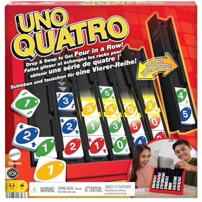 Mattel UNO Quatro Game, Ages 7+, 2-4 Players Four-in-a-Row UNO Play with Colored Tiles & Plastic Grid for Kids, Teens, Parties & Family Game Night, HPF82 Mattel UNO Quatro Game, Ages 7+, 2-4 Players Four-in-a-Row UNO Play with Colored Tiles & Plastic Grid for Kids, Teens, Parties & Family Game Night, HPF82
