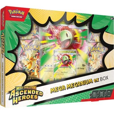 Pokémon TCG, Mega Evolution, Ascended Heroes Meganium ex Box, 1 Foil Promo Card, 1 Oversize Lenticular Card and 4 Booster Packs Pokémon TCG, Mega Evolution, Ascended Heroes Meganium ex Box, 1 Foil Promo Card, 1 Oversize Lenticular Card and 4 Booster Packs