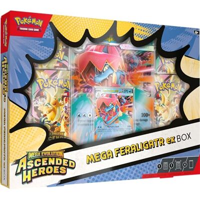 Pokémon TCG, Mega Evolution, Ascended Heroes Feraligatr ex Box, 1 Foil Promo Card, 1 Oversize Lenticular Card and 4 Booster Packs Pokémon TCG, Mega Evolution, Ascended Heroes Feraligatr ex Box, 1 Foil Promo Card, 1 Oversize Lenticular Card and 4 Booster Packs