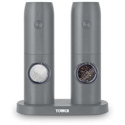 Tower Electric Salt & Pepper Mills. Rechargeable with Adjustable Ceramic Grinders, Stainless Steel, Grey, T832243GRY Tower Electric Salt & Pepper Mills. Rechargeable with Adjustable Ceramic Grinders, Stainless Steel, Grey, T832243GRY