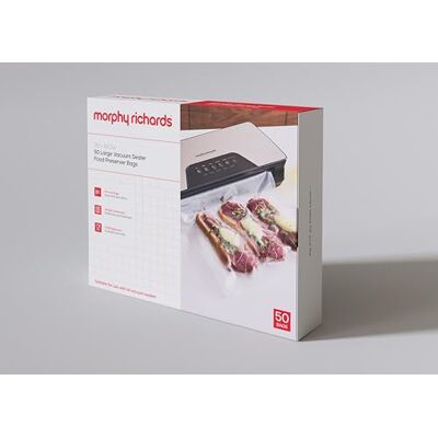 Morphy Richards Vacuum Food Sealer Bags, Large, 50 Bags, Food Sealer Accessory for 432040, Pre Cut Bags, Airtight Protection, LFGB Approved, 433001 Morphy Richards Vacuum Food Sealer Bags, Large, 50 Bags, Food Sealer Accessory for 432040, Pre Cut Bags, Airtight Protection, LFGB Approved, 433001