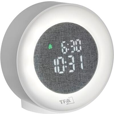 TFA Dostmann Digital Light Alarm Clock with LED Numerals, 60.2047, Night Light & Wake-up Light, with Date Display, Fabric Cover, Mains Operated, Alarm with Snooze Function, White TFA Dostmann Digital Light Alarm Clock with LED Numerals, 60.2047, Night Light & Wake-up Light, with Date Display, Fabric Cover, Mains Operated, Alarm with Snooze Function, White