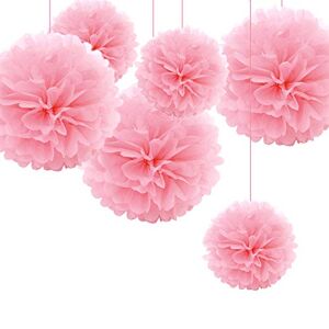 Little Snow Direct 6 Pieces Mixed Tissue Paper Pom Poms Flower Wedding Party Garlands Birthday Gift Wrap Nursery Home Decoration - Rose Pink, 6 Inch and 10 Inch