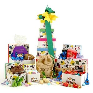 Hampergifts.co.uk Happy Birthday Gift Tower - Birthday Gift Box Delivery - 5 Multi-Coloured Gift Boxes Packed with Chocolates & Sweet Treats - Hand Tied with Ribbon - Birthday Gift for Friends, Family or Staff