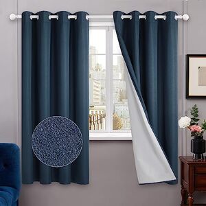 Deconovo Navy Blue Curtains for Living Room, 100% Blackout Curtains with Coating, Lightweight Fabric Noice Reducing Curtains Eyelet, Faux Linen Curtains, 52 x 63 Inch(Width x Length), 2 Panels
