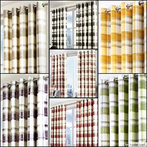 Fusion - Balmoral Check - 100% Cotton Pair of Eyelet Curtains - 90" Width x 72" Drop (229 x 183cm) in Ochre