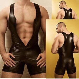SEXYSY Men Lingerie Bodysuit Black Sexy Faux Leather Zipper Open Bust Stretch Tight Erotic Catsuit Fetish Gay Costumes Clubwear