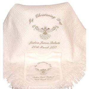 Sew Sew Special Baby’s Personalised Christening/Baptism/Naming Day Guardian Angel Shawl & Bib Set (Silver)
