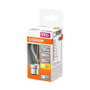 OSRAM LED Star Classic P25, clear filament in drop shape, B22d base, warm white (2700K), replacement for conventional 25W bulbs, 1-pack