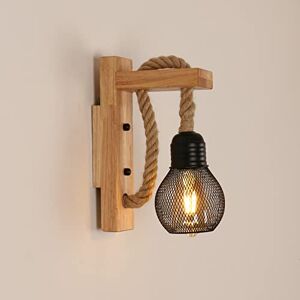 Pheashine Wooden Wall Light Hemp Rope, Industrial Wall Lamp Shade E27, Retro Wall Lights Fixture for Living Room,Bedside, Table, Corridor, Cafe Bar, Black (Without Bulb)