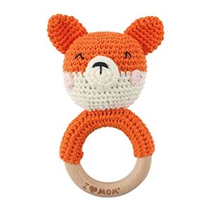 Surakey Baby Rattle Ring Toy, Baby Crochet Wooden Ringing Toys Stuffed Animal Plush Cotton Doll Handmade Early Sensory Development Grips for Newborn Boy Girl (Fox)