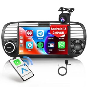 Hikity 【2+64G】Hikity Android 13 Car Stereo Fiat 500 (2007-2015) with Wireless Carplay/Android Auto for Touchscreen Fiat 500 Stereo with GPS WiFi Mirror Link USB Bluetooth FM RDS Radio Mic Reverse Cam