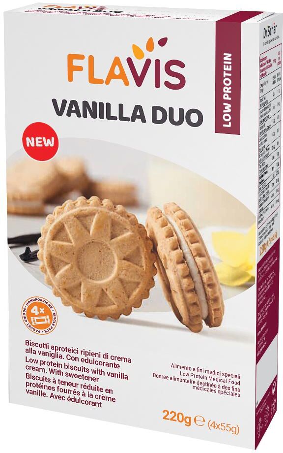 dr.schar spa flavis vanilla duo biscotti aproteici ripieni di vaniglia 220 g