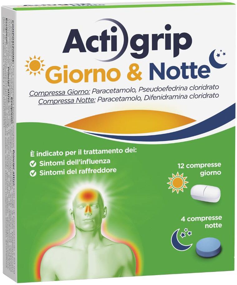 Johnson & Johnson Actigrip Giorno&amp;Notte 500 Mg + 60 Mg Compresse 12 Compresse Giorno + 500 Mg + 25 Mg Compresse 4 Compresse Notte