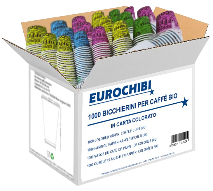 Eurochibi ® 1000 Bicchierini Per Caffè Bio In Carta Colorato