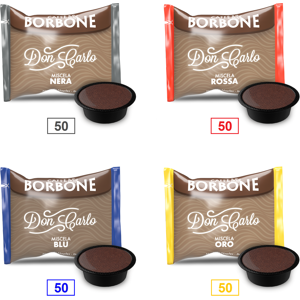 Caffè Borbone Mix 200 Capsule  Don Carlo - 50 Miscela Nera - 50 Miscela Rossa - 50 Miscela Blu - 50 Miscela Oro - Compatibili A Modo Mio