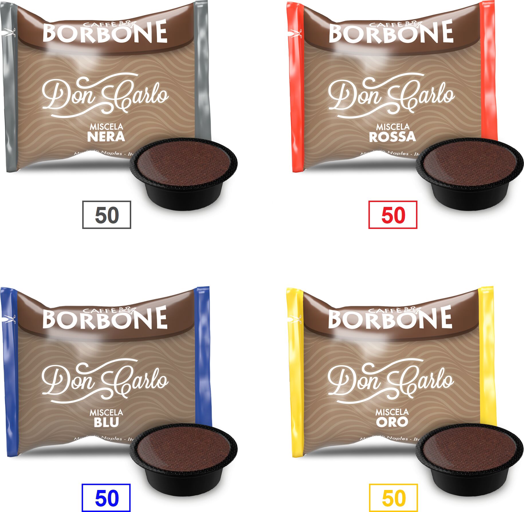 Caffè Borbone Mix 200 Capsule  Don Carlo - 50 Miscela Nera - 50 Miscela Rossa - 50 Miscela Blu - 50 Miscela Oro - Compatibili A Modo Mio