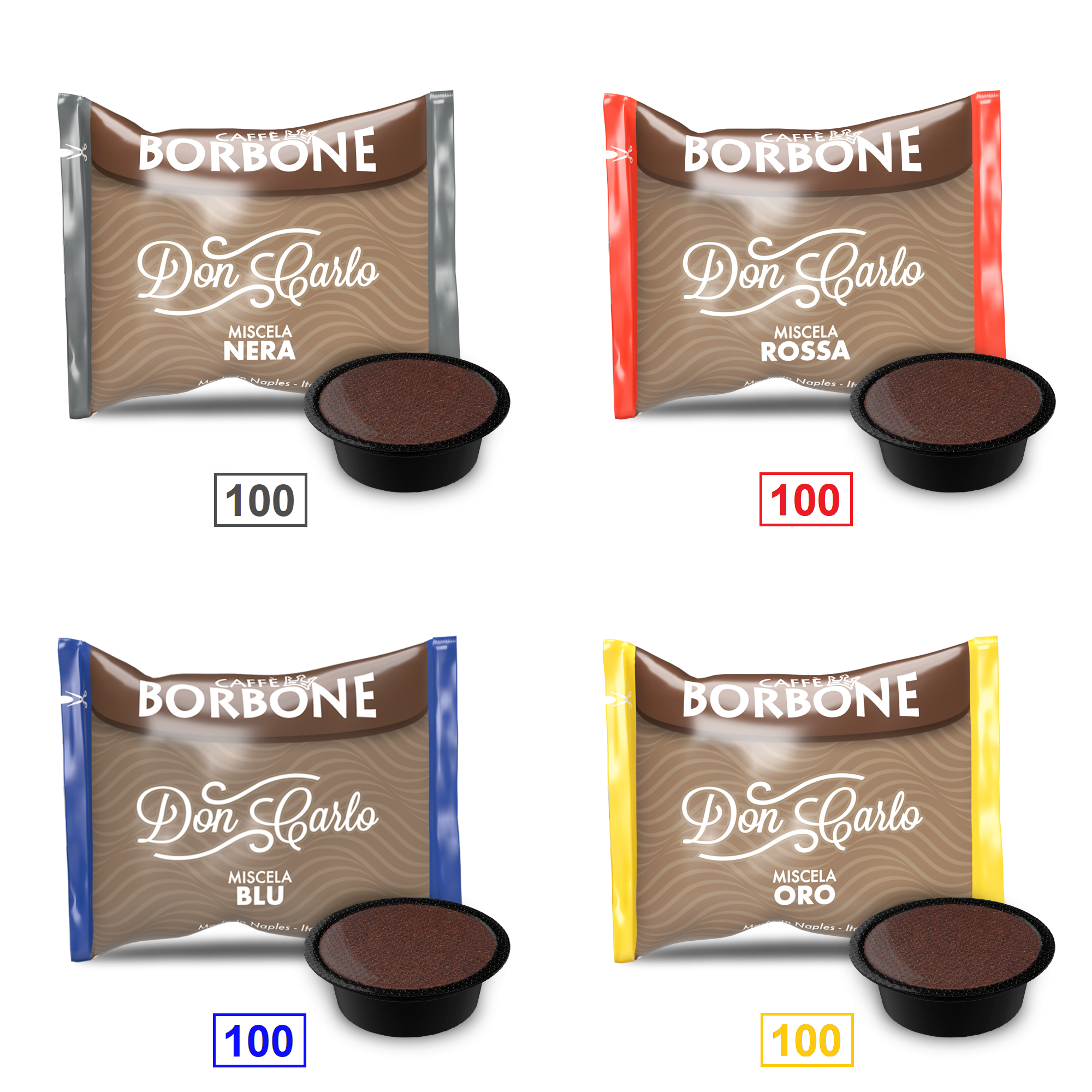 Caffè Borbone Mix 400 Capsule  Don Carlo - 100 Miscela Nera - 100 Miscela Rossa - 100 Miscela Blu - 100 Miscela Oro - Compatibili A Modo Mio
