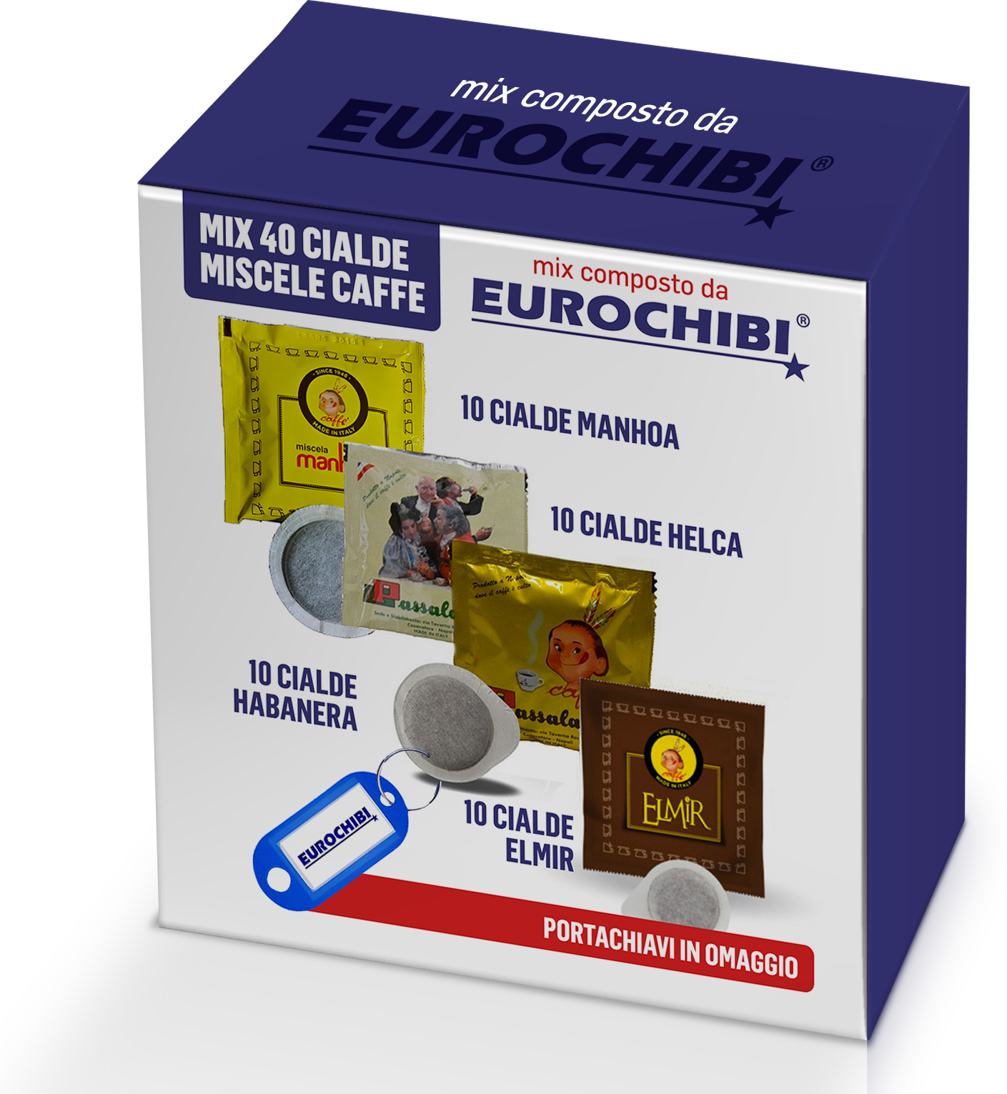 Eurochibi Mini Mix 40 Cialde Caffè Passalacqua - 10 Manhoa - 10 Helca - 10 Habanera - 10 Elmir Con 1 Esclusivo Portachiavi ®