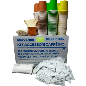 Eurochibi Kit Accessori Caffè Bio Con 150 Bustine Di Zucchero + 150 Bicchierini Di Carta + 150 Palettine In Legno - ® Linea Biodegradabile Compostabile Riciclabile