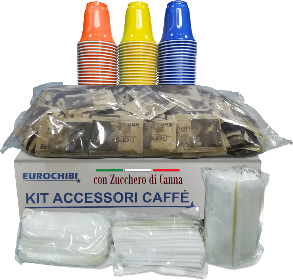 Eurochibi Kit Accessori Caffè Con 150 Bustine Di Zucchero Di Canna + 150 Bicchierini + 150 Palettine - ® Linea Alta Qualità