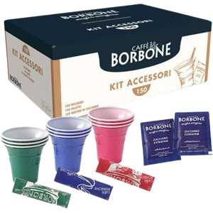 Caffè Borbone Kit Accessori Caffè Con 150 Bustine Di Zucchero + 150 Bicchierini + 150 Palettine -